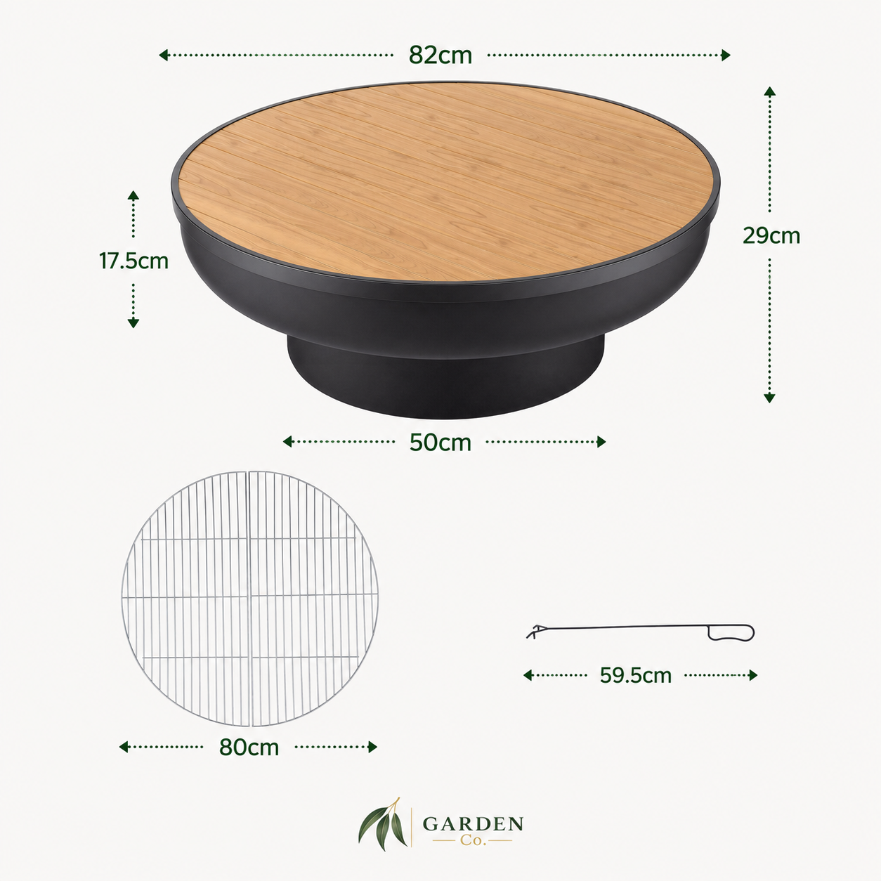 Measurement chart of a round grill with dimensions labeled, featuring the Garden Co. logo.