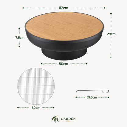 Measurement chart of a round grill with dimensions labeled, featuring the Garden Co. logo.