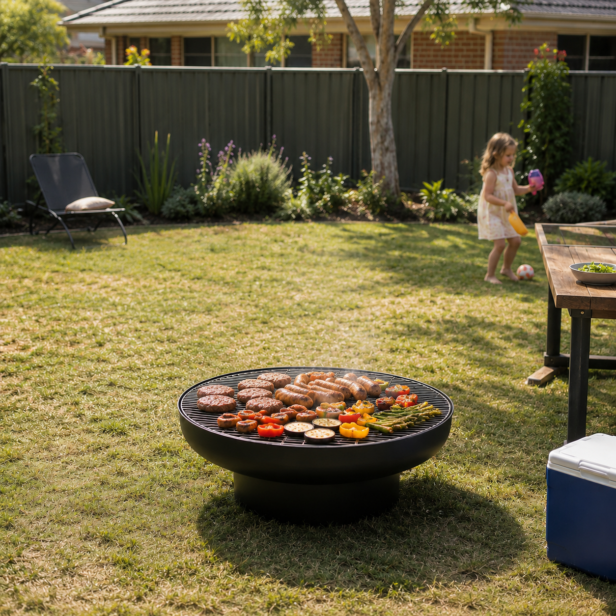 Outdoor setting with a fire pit grill on grass, child playing in the background