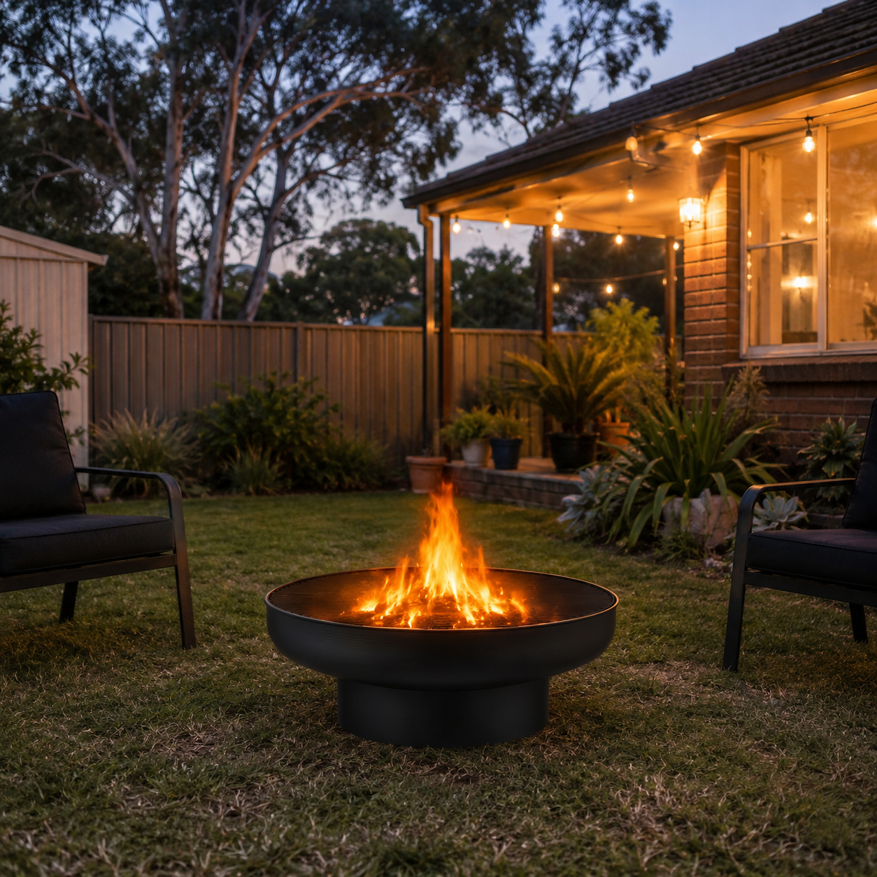 Fire pit in a backyard with a cozy evening atmosphere