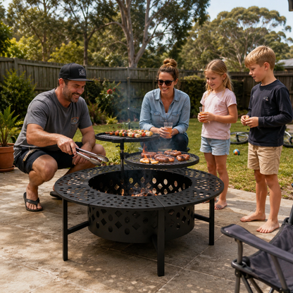 Family grilling outdoors around a fire pit in a backyard setting.