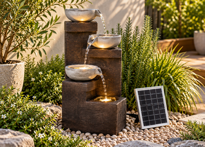 A three-tier solar-powered outdoor water fountain with dark brown wooden blocks and light gray stone bowls, illuminated with warm yellow lights. A small solar panel is placed beside it on a bed of white pebbles, surrounded by green garden plants.