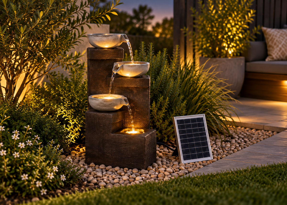 A solar-powered outdoor water fountain with three tiers of stone bowls and flowing water, illuminated at dusk, placed in a landscaped garden next to a small solar panel.