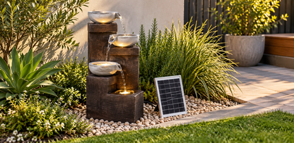 A solar-powered outdoor water fountain with three tiers of dark wood-look steps and metallic bowls, shown with water flowing in a landscaped garden bed next to a small solar panel.