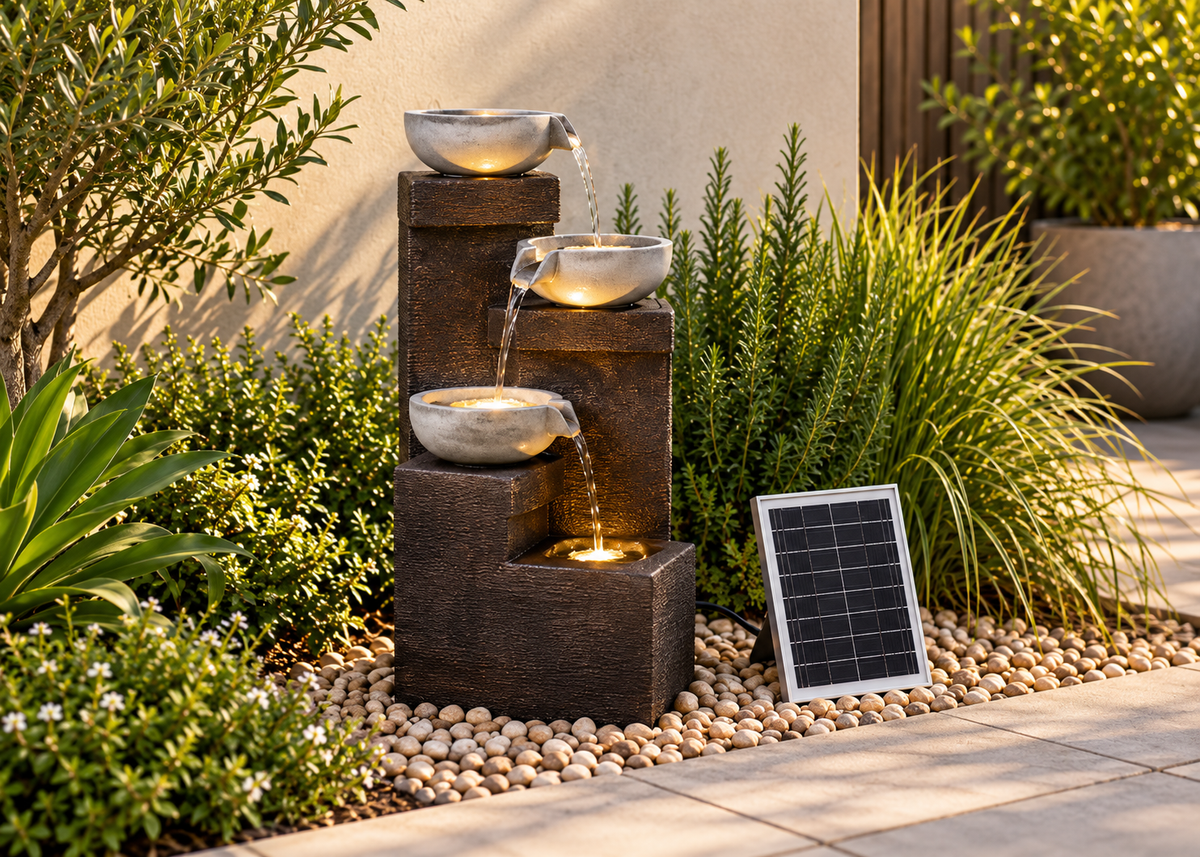 A three-tier solar-powered stone fountain with illuminated bowls and a small solar panel, set in a landscaped garden bed with green plants and pebbles.