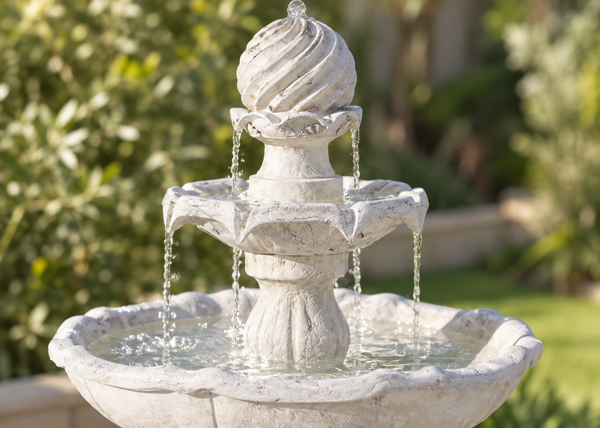 A three-tiered stone garden fountain with water cascading down, set against a blurred green garden background.