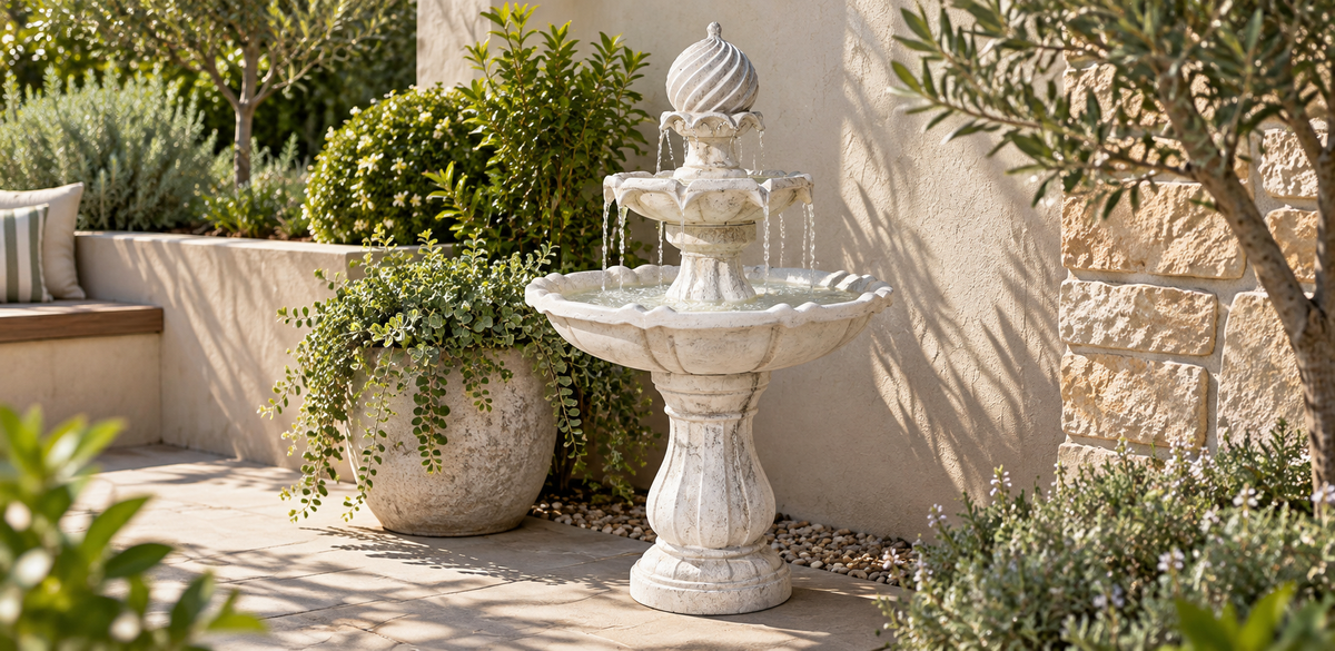 A freestanding stone-style garden fountain with tiered basins and water flowing from the top, placed outdoors on a patio beside potted plants and a stucco wall.