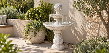 A freestanding stone-style garden fountain with tiered basins and water flowing from the top, placed outdoors on a patio beside potted plants and a stucco wall.