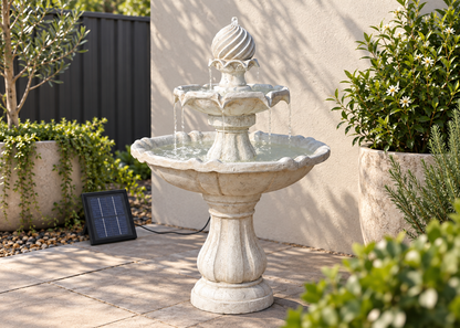 A tiered stone fountain with water flowing from the top to the basin, placed outdoors on a patio beside potted plants and a small solar panel on the ground.