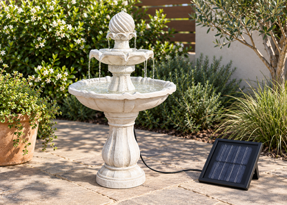 A two-tiered stone fountain with water flowing from the top tier into a basin, placed outdoors on a stone patio next to a small black solar panel. The background features green shrubs, a potted plant, and a wooden fence.
