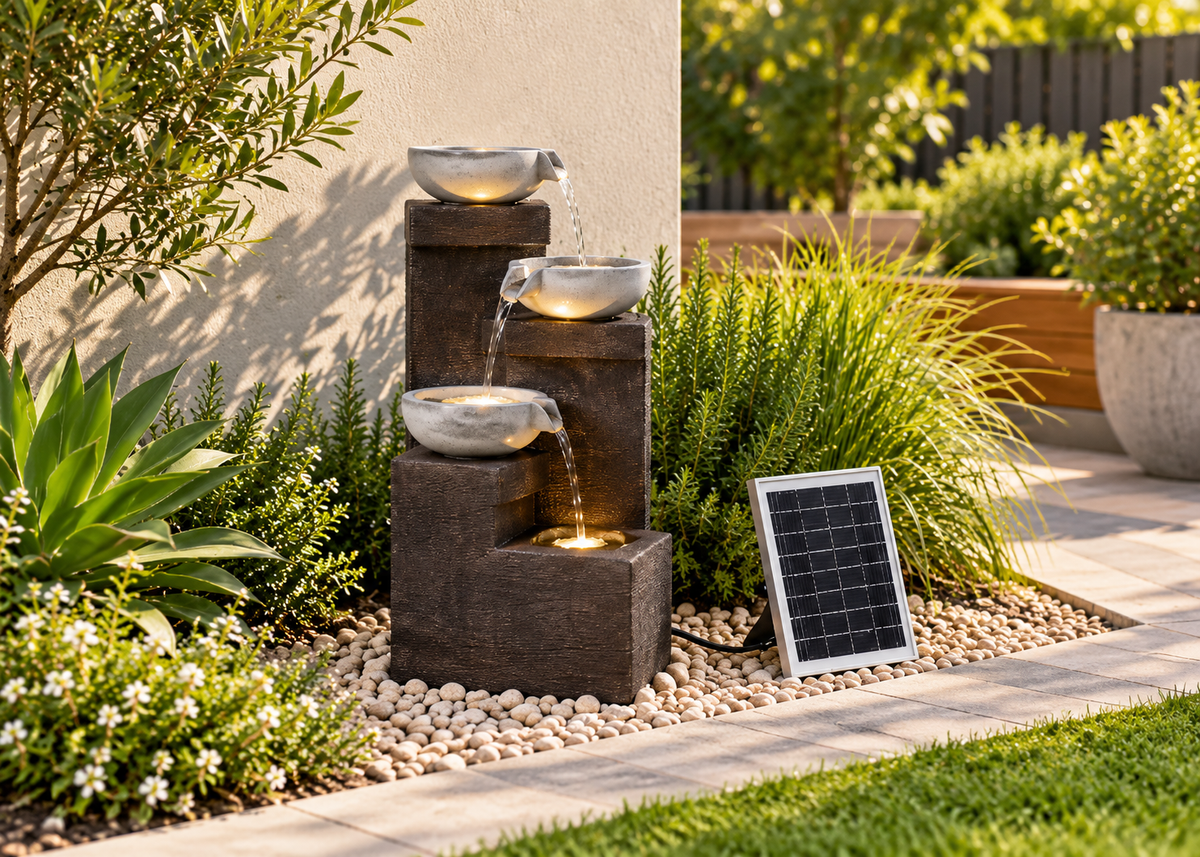 A tiered outdoor water fountain with three dark stone-like levels and shallow light-colored bowls, with water flowing from top to bottom. A small solar panel sits beside it on a stone bed in a landscaped garden setting.
