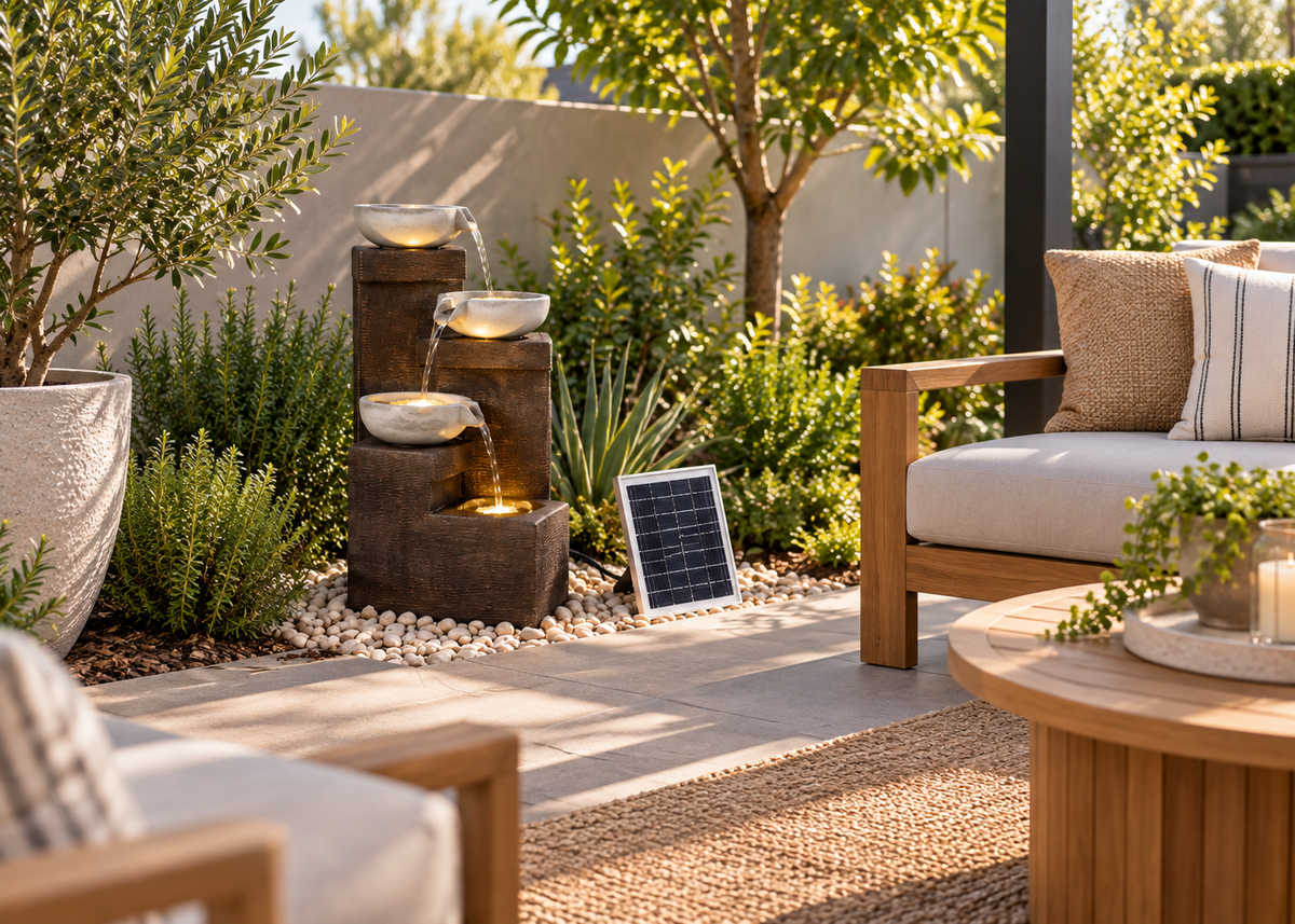 A solar-powered outdoor water fountain with tiered dark wood tiers and white stone bowls from which water flows, styled in a modern garden patio setting next to a wooden sofa and a small solar panel.