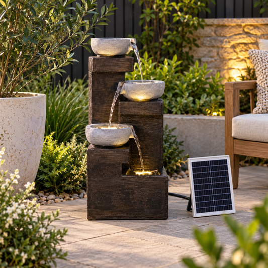 A solar-powered outdoor water fountain with three tiers of dark brown stacked blocks and light gray stone bowls, shown with a small solar panel on a patio next to plants and a chair.
