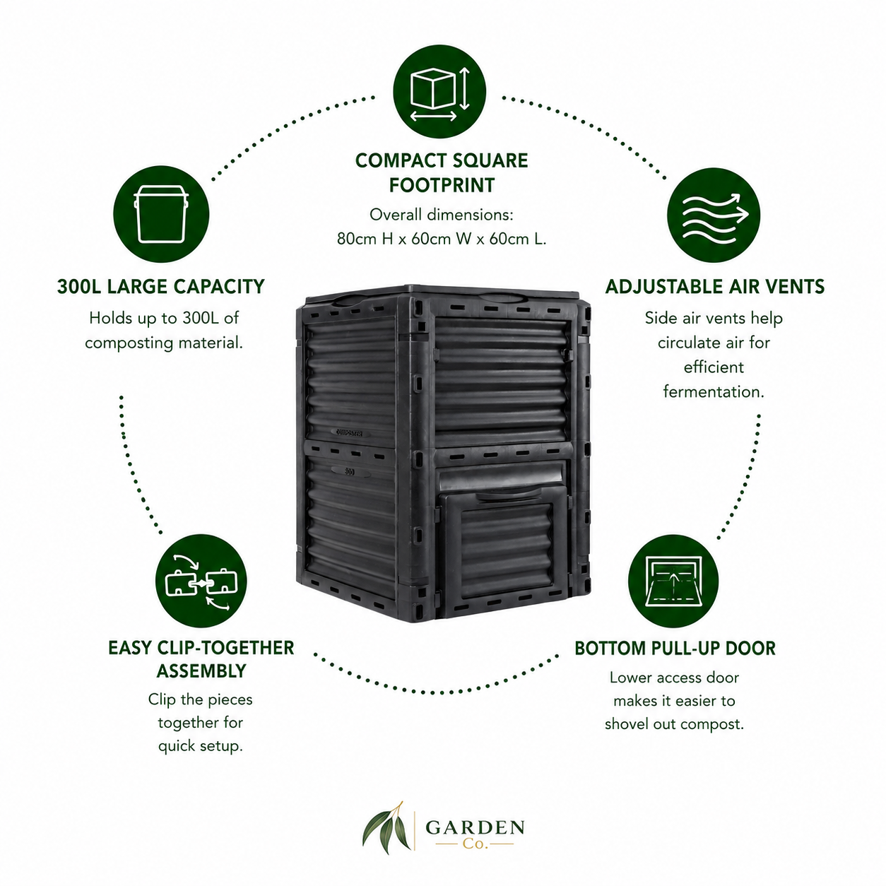 Features of a 300 litre compost bin on a white background with the Garden Co logo on the bottom.