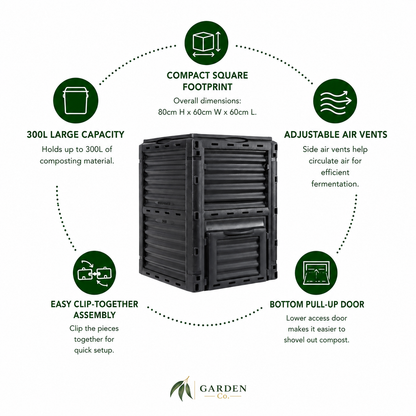 Features of a 300 litre compost bin on a white background with the Garden Co logo on the bottom.