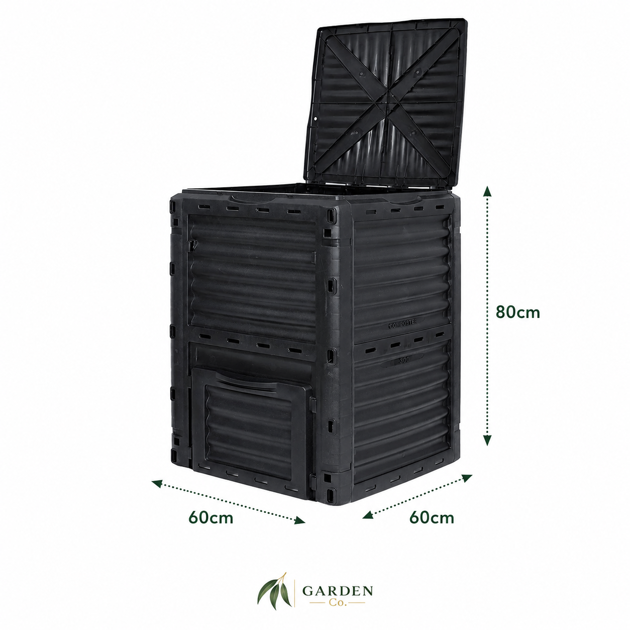 Measurements of the 300 litre compost bin on a white background
