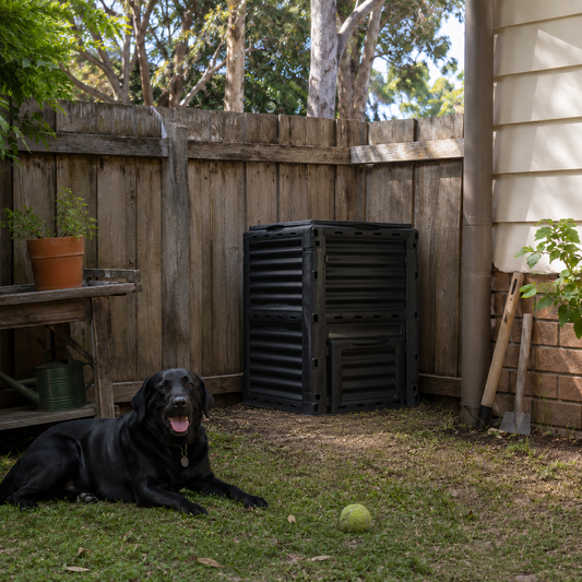300 litre compost bin in the corner of a backyard, in front of a wooden fence with a black labrador with a ball laying on the grass nearby.
