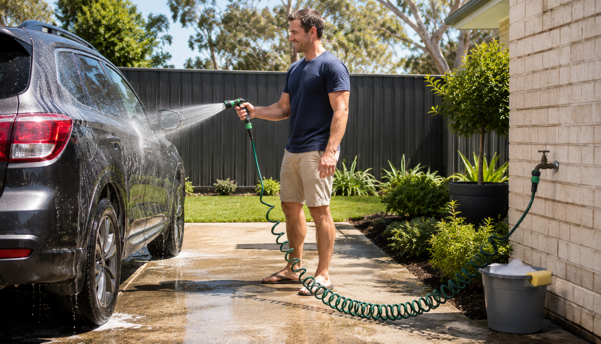 A man washes a dark gray SUV in a backyard driveway using a green coiled hose and water spray nozzle. The scene includes a brick wall, plants, a fence, and a gray bucket with a yellow sponge.