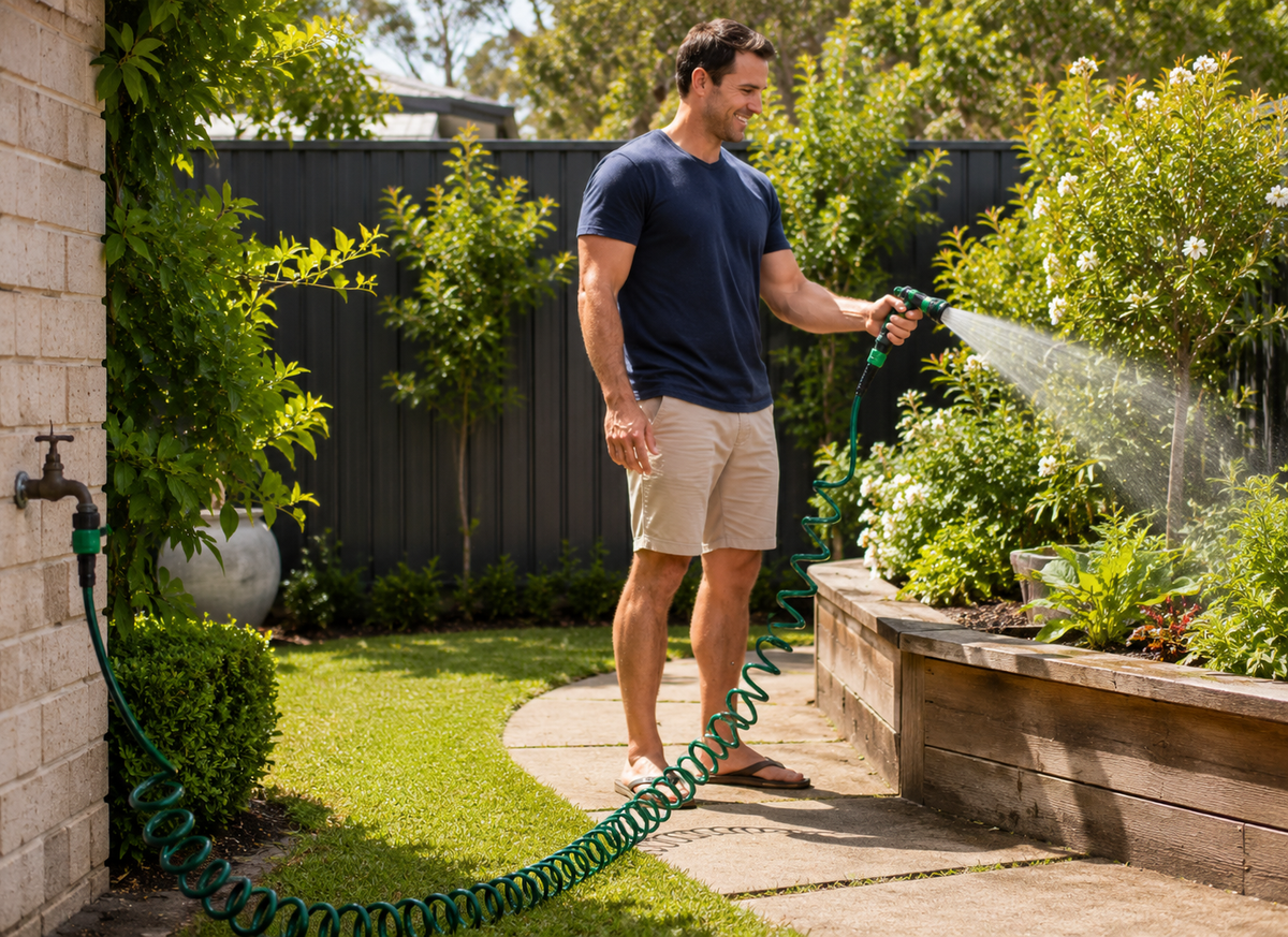 A man in a navy t-shirt and beige shorts stands in a garden watering plants with a green garden hose. A brick wall, grass, and a wooden raised garden bed are visible in the background.