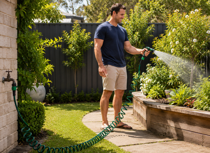 A man in a navy t-shirt and beige shorts stands in a garden watering plants with a green garden hose. A brick wall, grass, and a wooden raised garden bed are visible in the background.