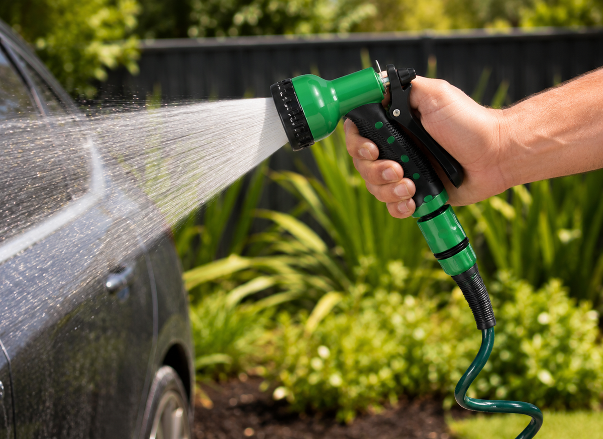 A hand holding a green and black adjustable garden hose spray nozzle, spraying water onto the side of a dark car in a garden setting.