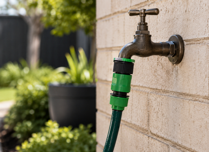 A dark bronze outdoor wall faucet attached to a beige brick wall, with a green garden hose connected via a black and green hose adapter. Blurred green plants and a black planter are visible in the background.