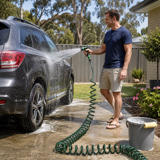A man washes a dark gray SUV outdoors using a green garden hose. The scene includes a gray bucket with a yellow sponge, a wet concrete driveway, a wooden fence, and trees in the background.
