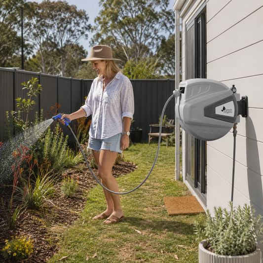 A woman watering a garden bed with a hose connected to a wall-mounted retractable garden hose reel on a white-sided house. The reel is gray with black and white branding, and the scene is set in a sunny backyard with grass, plants, and a dark fence.