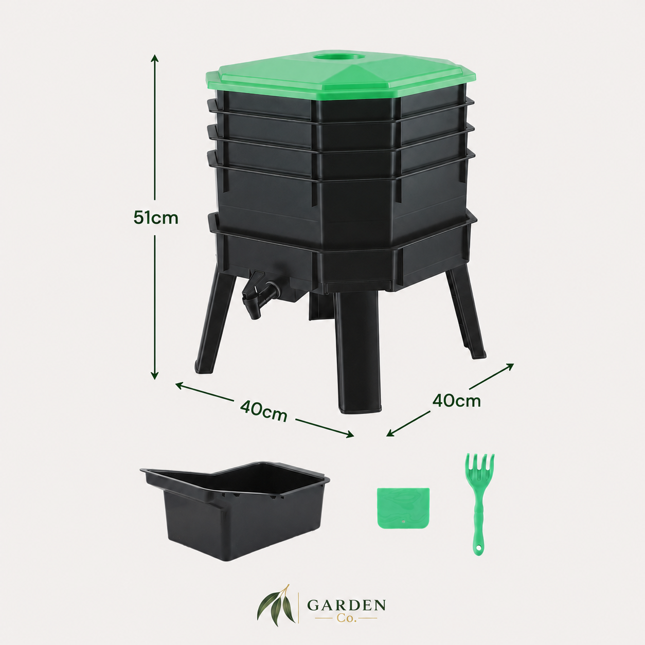 Measurements of the 4 layer worm farm on a white background 