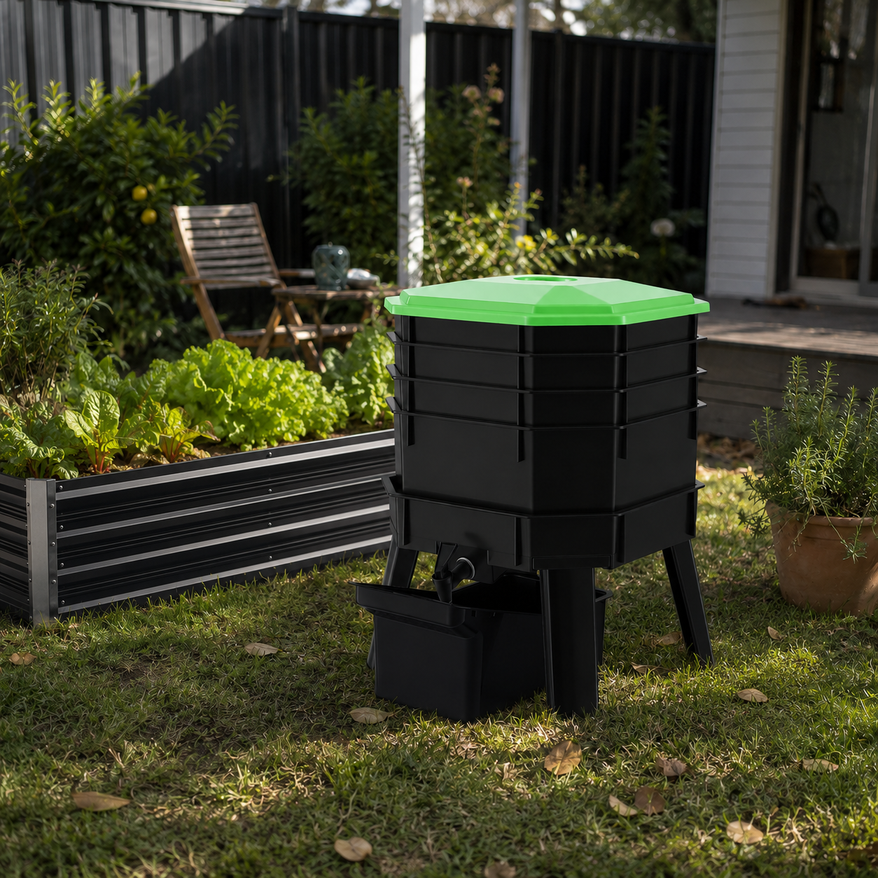 4 layer worm farm in a backyard with a garden bed