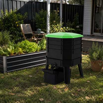 4 layer worm farm in a backyard with a garden bed
