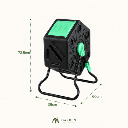 Measurements of a 65 litre tumbling compost bin on a white background