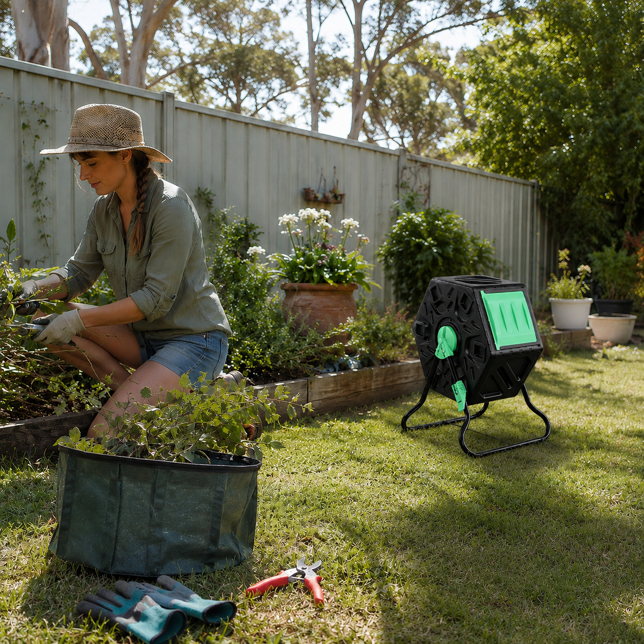 Woman in the garden trimming and using 65 litre tumbling compost bin.