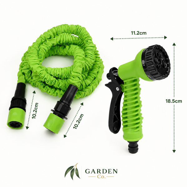 Green and black expandable garden hose with a spray nozzle, shown on a white background with overlaid dimension arrows and measurements.