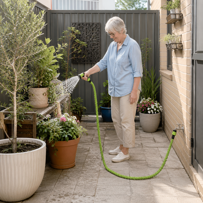 A woman in a backyard garden hose stationery setting, holding a green hose with a spray nozzle watering potted plants.