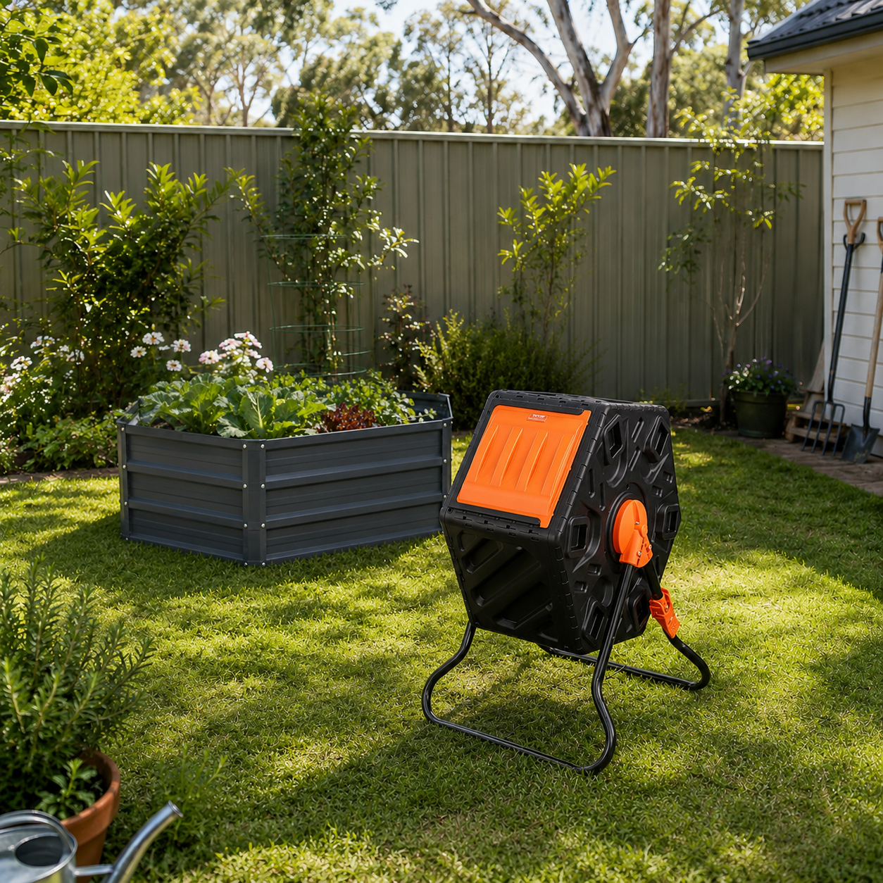 70 litre compost tumbler in a backyard with Garden Co garden bed in the background