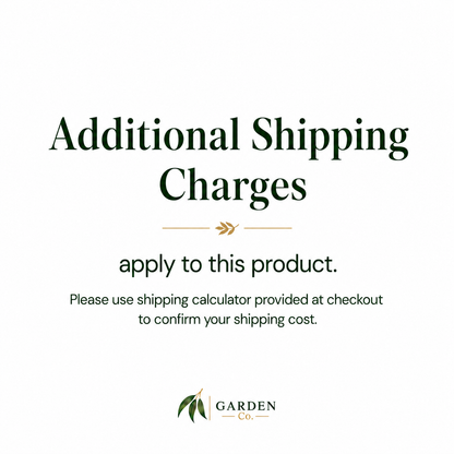 A text-based informational graphic on a white background stating 'Additional Shipping Charges' and 'apply to this product,' with smaller instructions to use the shipping calculator at checkout. The Garden Co logo appears at the bottom.