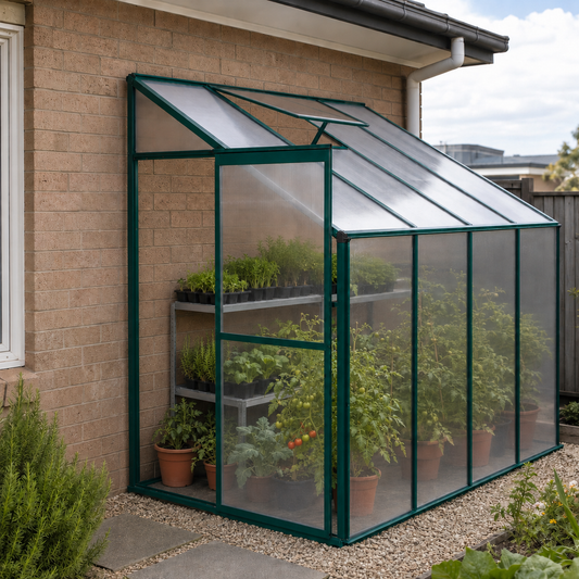 A green-framed greenhouse with clear plastic panels, shown attached to a beige brick house outdoors. The greenhouse contains several shelves and potted plants, and the scene is set in a garden with gravel and plants.