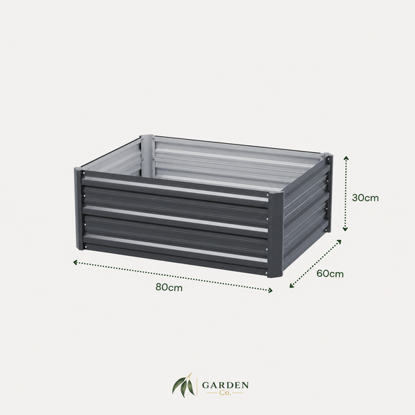 A dark gray rectangular planter box with dimension labels showing 80cm length, 60cm width, and 30cm height, on a light gray background with the Garden Club logo at the bottom.