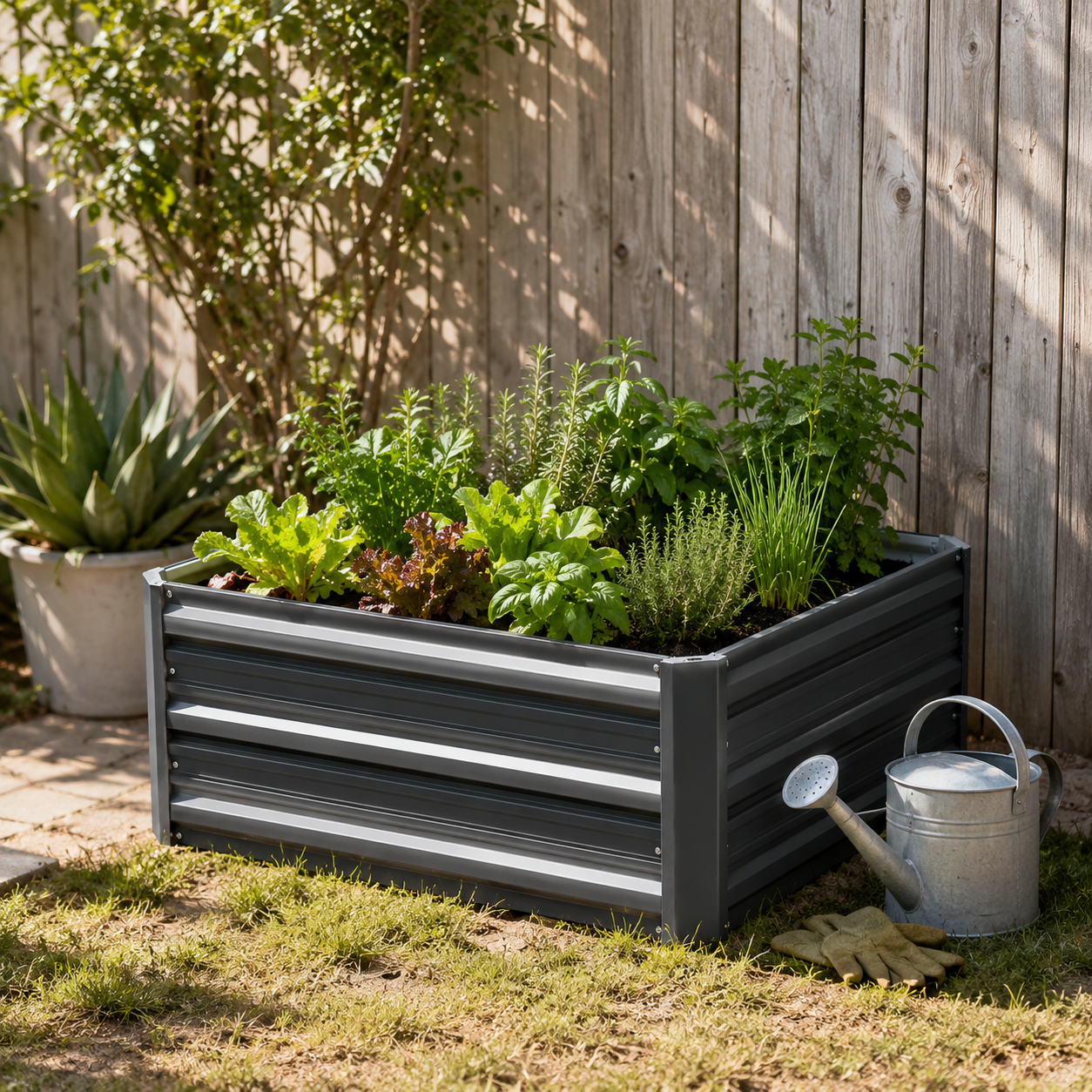 A dark gray metal raised garden bed filled with green herbs and plants, set in a backyard corner against a wooden fence with a galvanized watering can and gloves nearby.