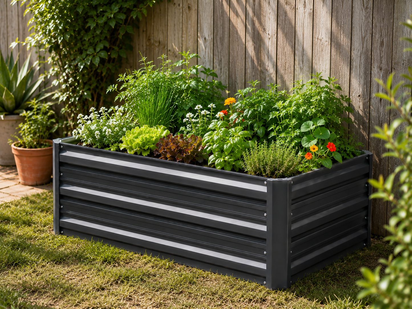 A rectangular raised garden bed with horizontal slats, filled with green plants and small orange flowers, set on grass in front of a wooden fence.