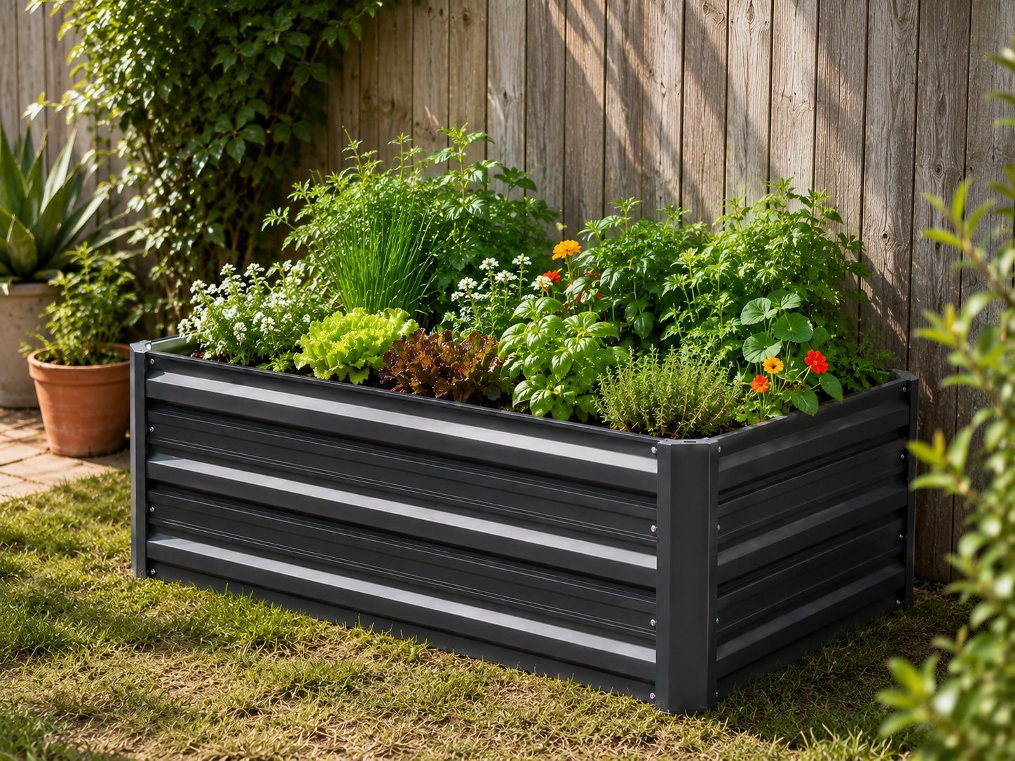 A rectangular raised garden bed with horizontal slats, filled with green plants and small orange flowers, set on grass in front of a wooden fence.