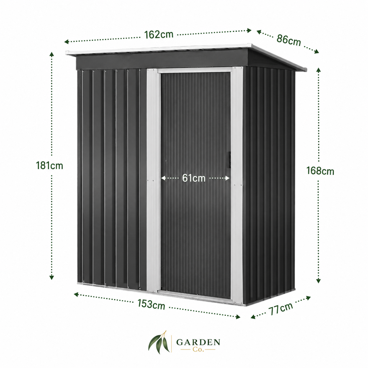 A shed or garden storage unit with a corrugated dark gray door and side panels, shown with white trim and overlaid dimension arrows and labels including 181cm, 168cm, 153cm, 77cm, 61cm, 162cm, and 86cm on a white background. A Garden Store logo appears below.