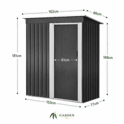 A shed or garden storage unit with a corrugated dark gray door and side panels, shown with white trim and overlaid dimension arrows and labels including 181cm, 168cm, 153cm, 77cm, 61cm, 162cm, and 86cm on a white background. A Garden Store logo appears below.