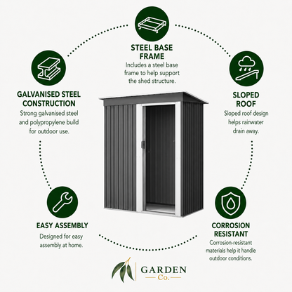 A garden shed product infographic on a light gray background, showing a gray metal shed in the center with text callouts around it for galvanized steel construction, steel base frame, sloped roof, easy assembly, and corrosion resistance. The Garden Co logo appears at the bottom.