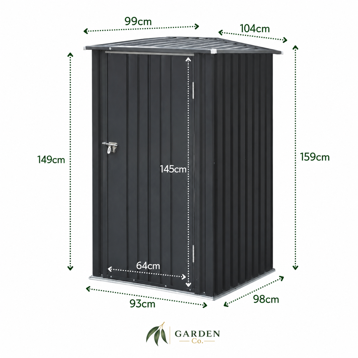 A dark gray metal garden shed with dimension annotations showing its height, width, and depth measurements on a white background.