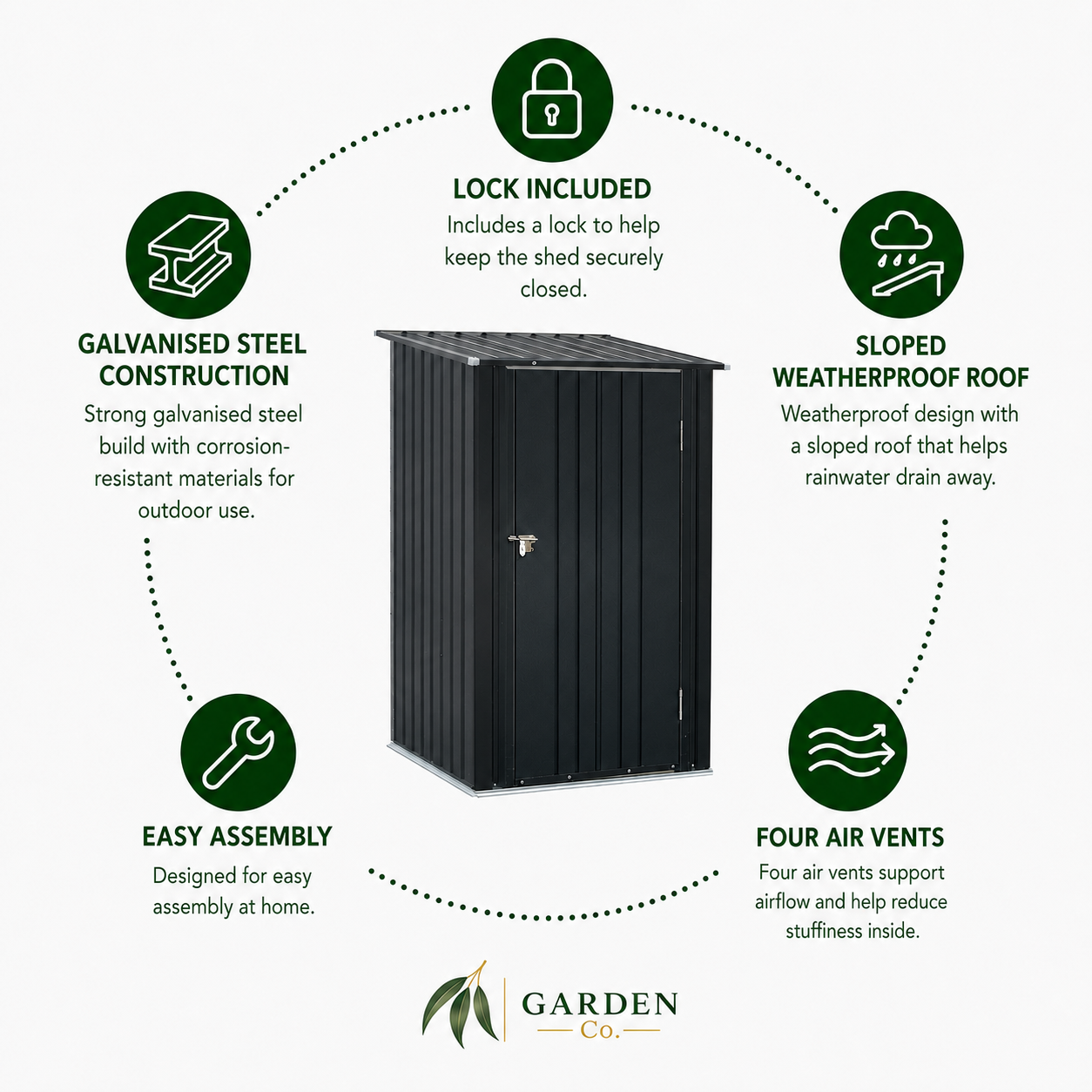 A garden shed product infographic on a light gray background. The central subject is a black galvanized steel shed with a small lock on the front.
