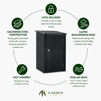 A garden shed product infographic on a light gray background. The central subject is a black galvanized steel shed with a small lock on the front.