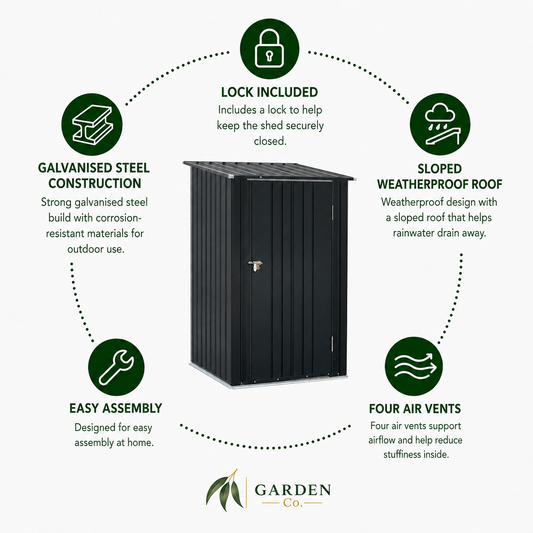 A garden shed product infographic on a light gray background. The central subject is a black galvanized steel shed with a small lock on the front.