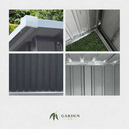 Four-panel product detail collage showing a metal garden shed from Garden Co., including the corner roof trim, open door view with greenery, dark gray vertical siding, and silver aluminum siding.